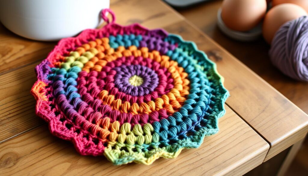 crocheted round potholder with cotton yarn